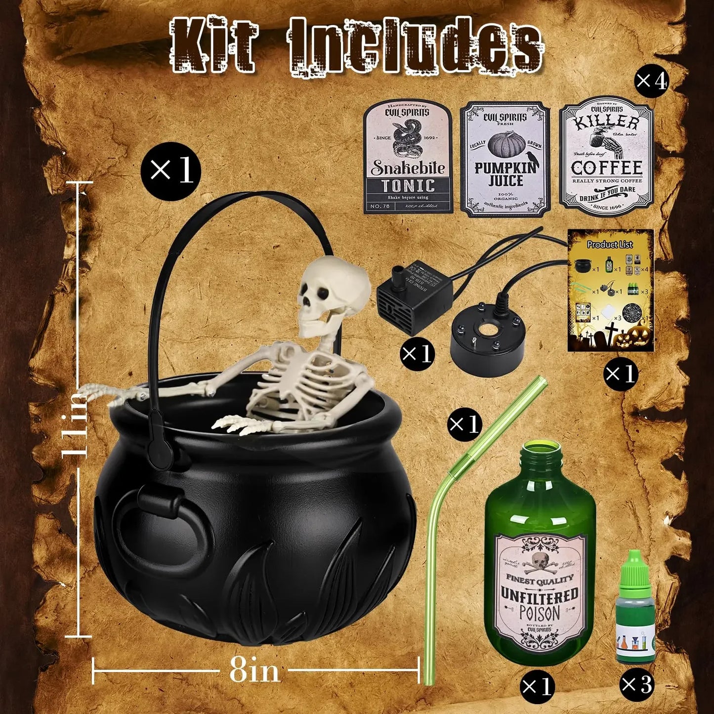 Halloween Witchcauldron with LED Light & Fog Mist Maker Skeleton Decor for Spooky Hocus Pocus Party, Home, Halloween Party